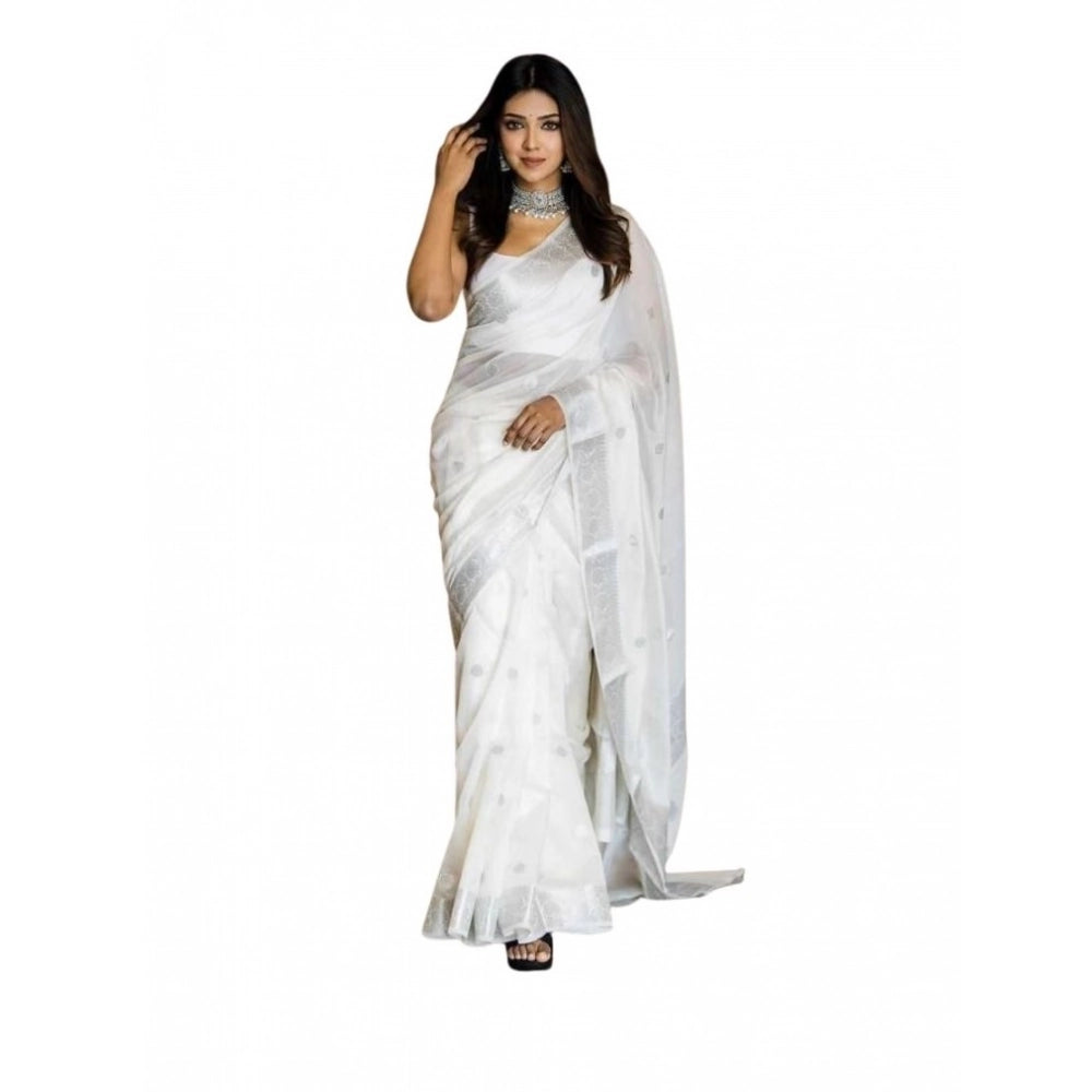 Vaystra Soft Lichi Silk Printed Saree With Unstitched Blouse 5.5Mtr – White