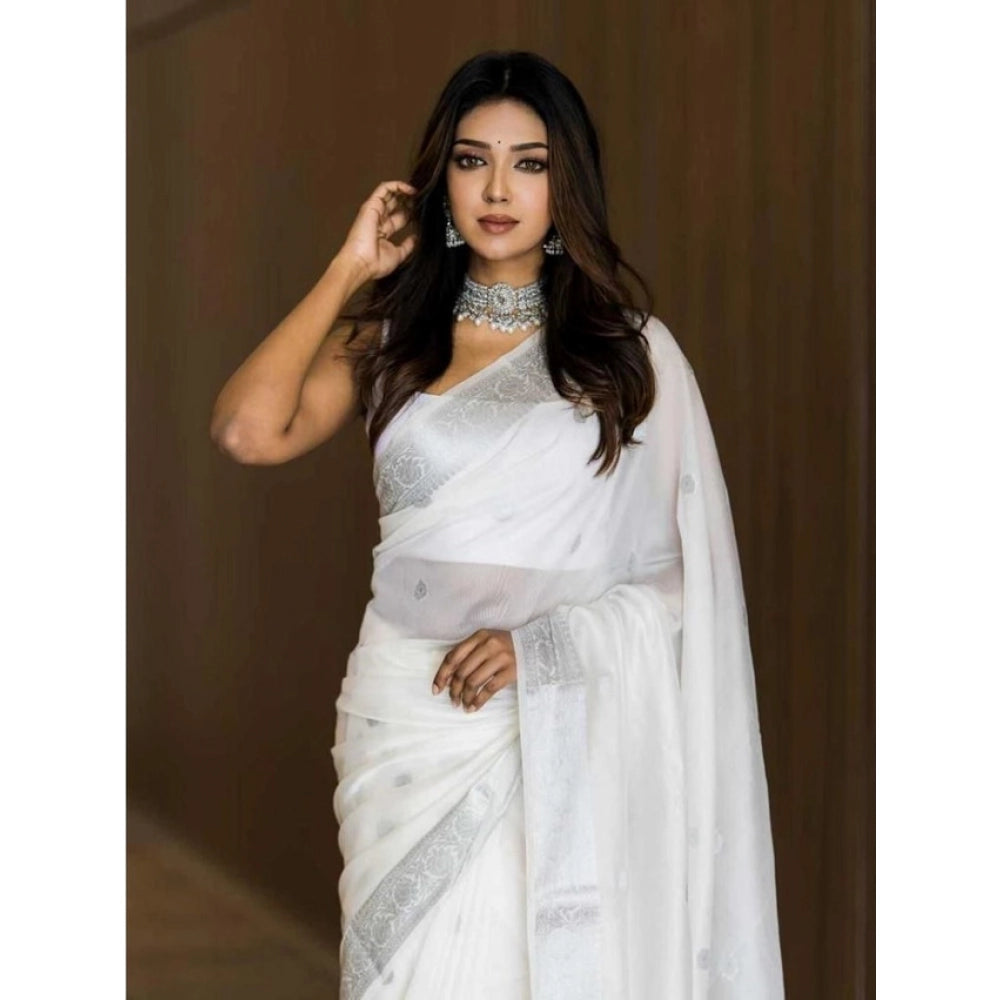 Vaystra Soft Lichi Silk Printed Saree With Unstitched Blouse 5.5Mtr – White
