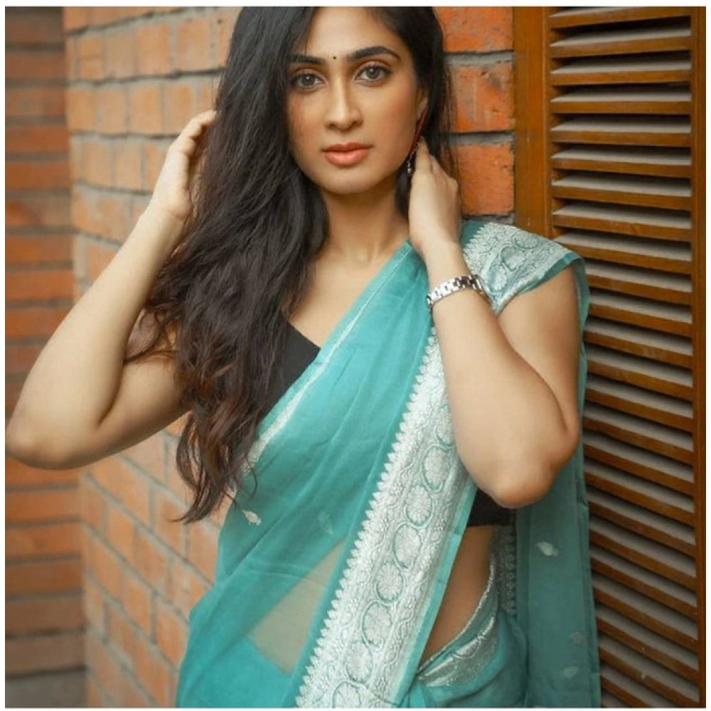 Vaystra Soft Lichi Silk Printed Saree With Unstitched Blouse 5.5Mtr – Sku Blue
