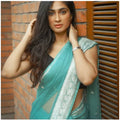 Vaystra Soft Lichi Silk Printed Saree With Unstitched Blouse 5.5Mtr – Sku Blue