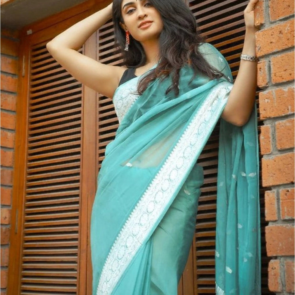 Vaystra Soft Lichi Silk Printed Saree With Unstitched Blouse 5.5Mtr – Sku Blue