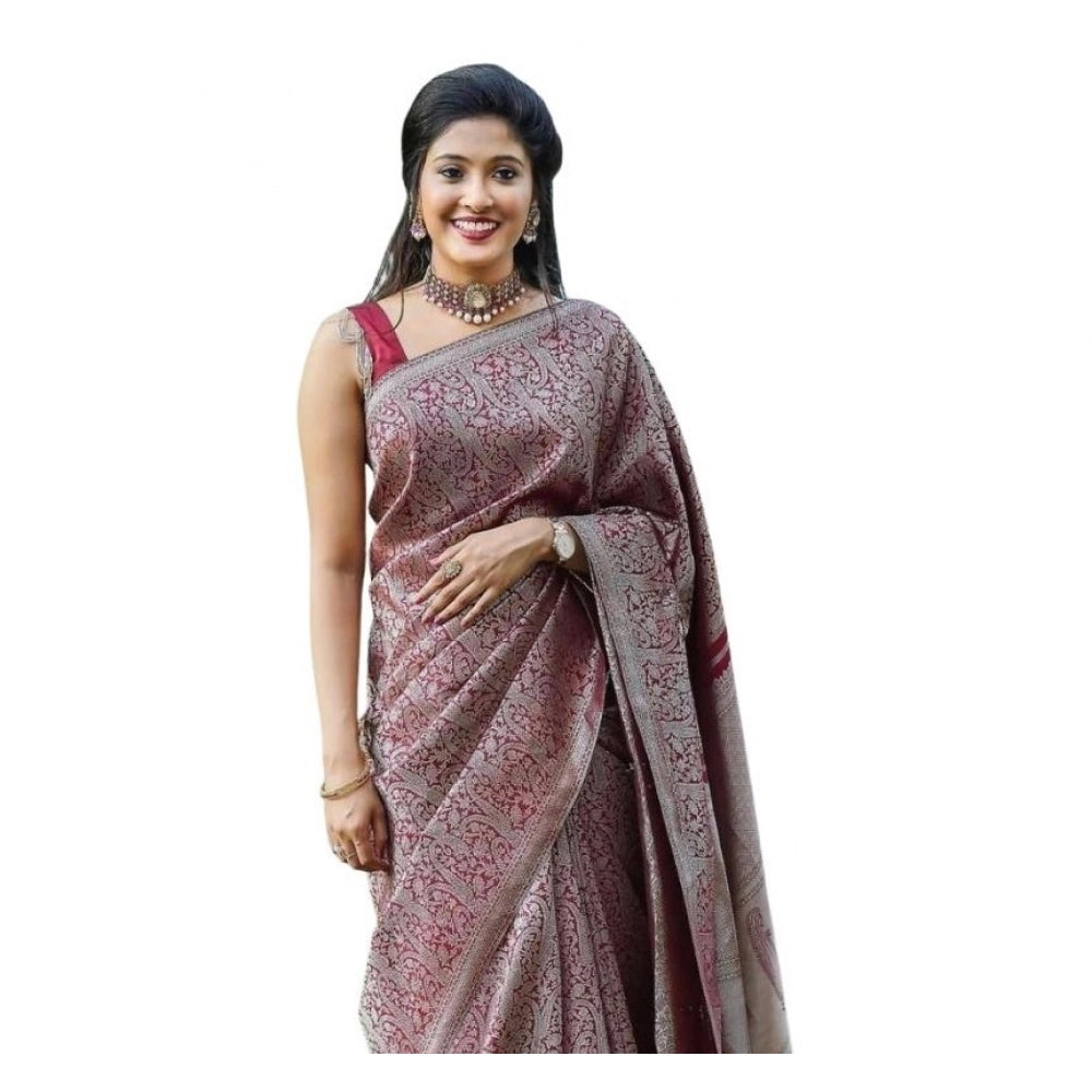 Vaystra Soft Lichi Silk Printed Saree With Unstitched Blouse 5.5Mtr – Wine