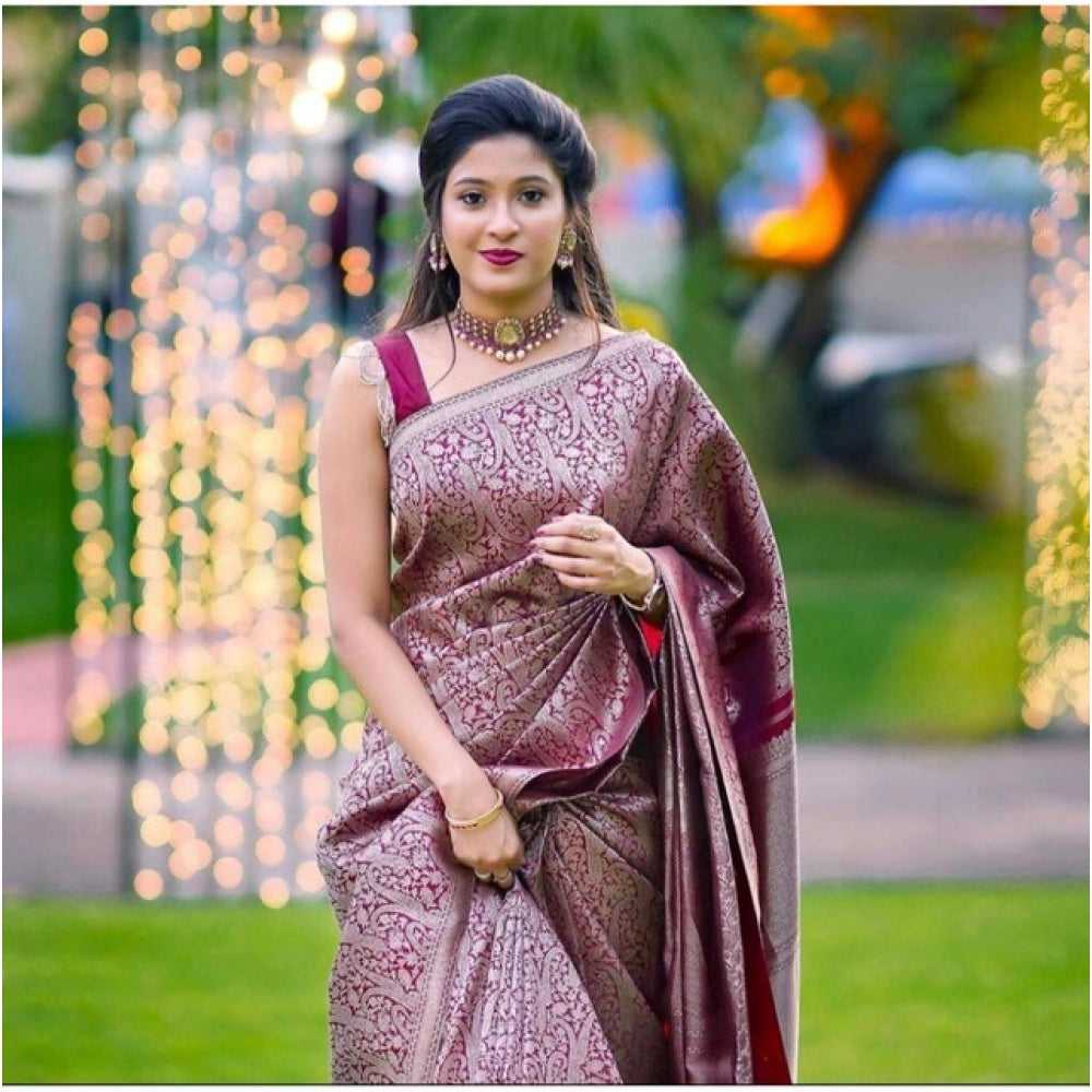 Vaystra Soft Lichi Silk Printed Saree With Unstitched Blouse 5.5Mtr – Wine