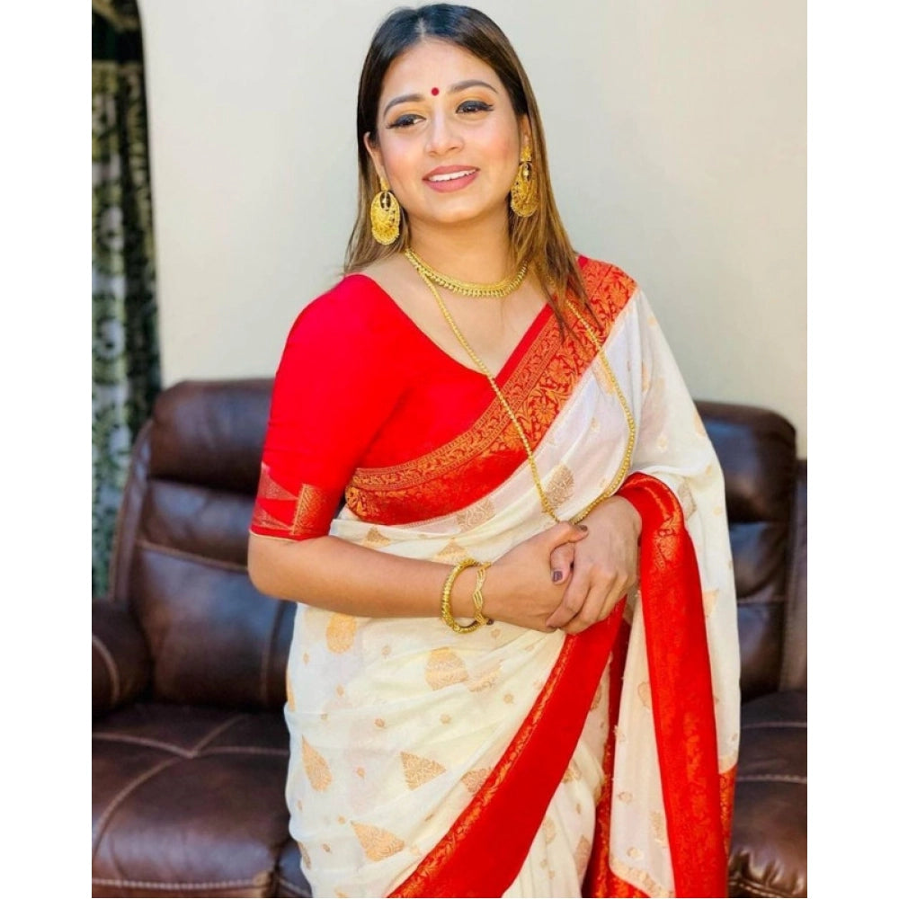 Vaystra Soft Lichi Silk Printed Saree With Unstitched Blouse 5.5Mtr – White