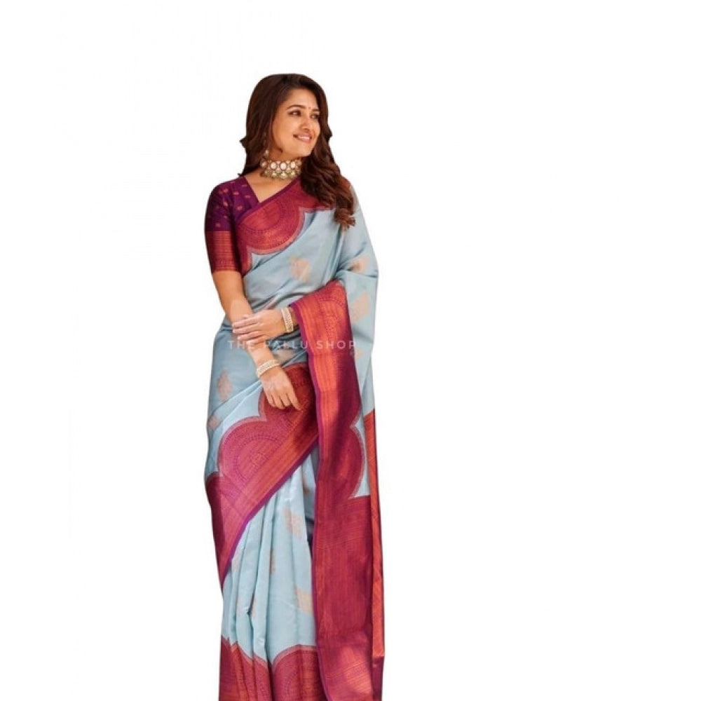 Vaystra Soft Lichi Silk Printed Saree With Unstitched Blouse 5.5Mtr – Light Blue