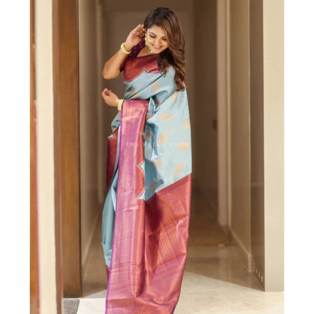 Vaystra Soft Lichi Silk Printed Saree With Unstitched Blouse 5.5Mtr – Light Blue