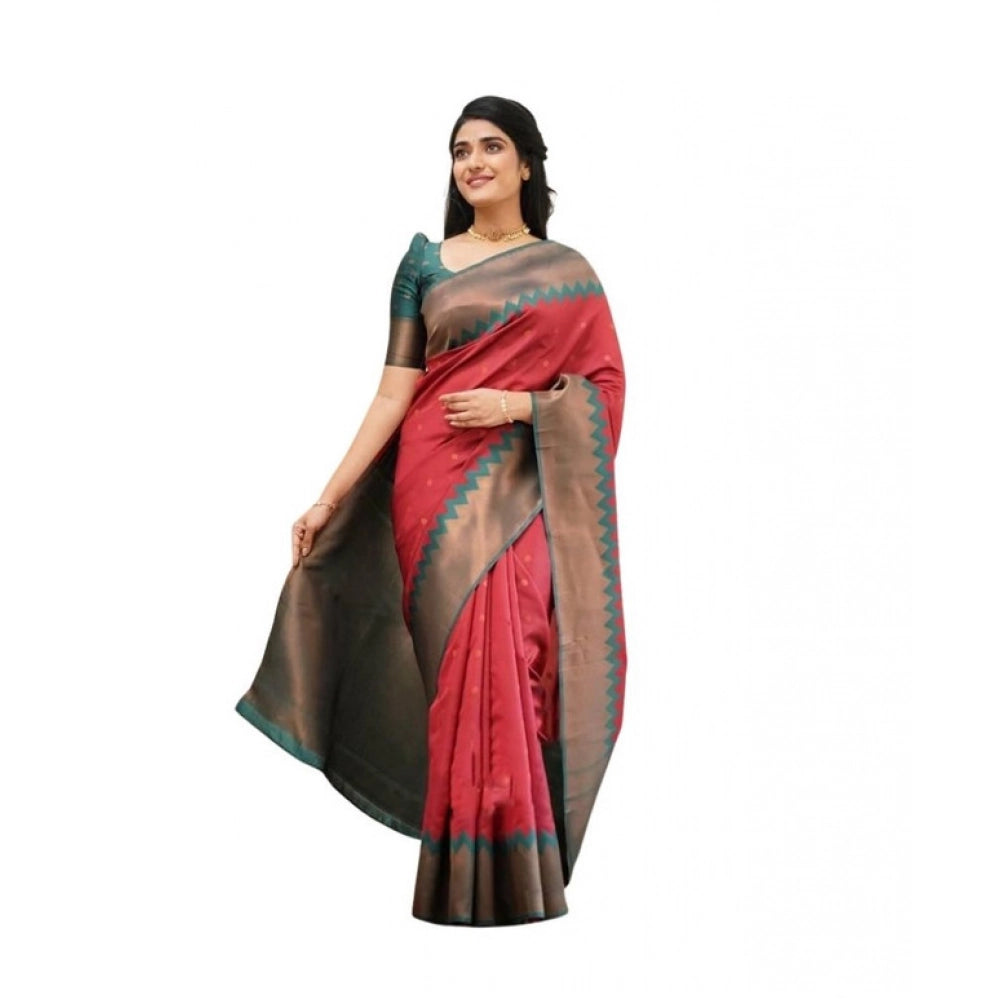 Vaystra Soft Lichi Silk Printed Saree With Unstitched Blouse 5.5Mtr – Red