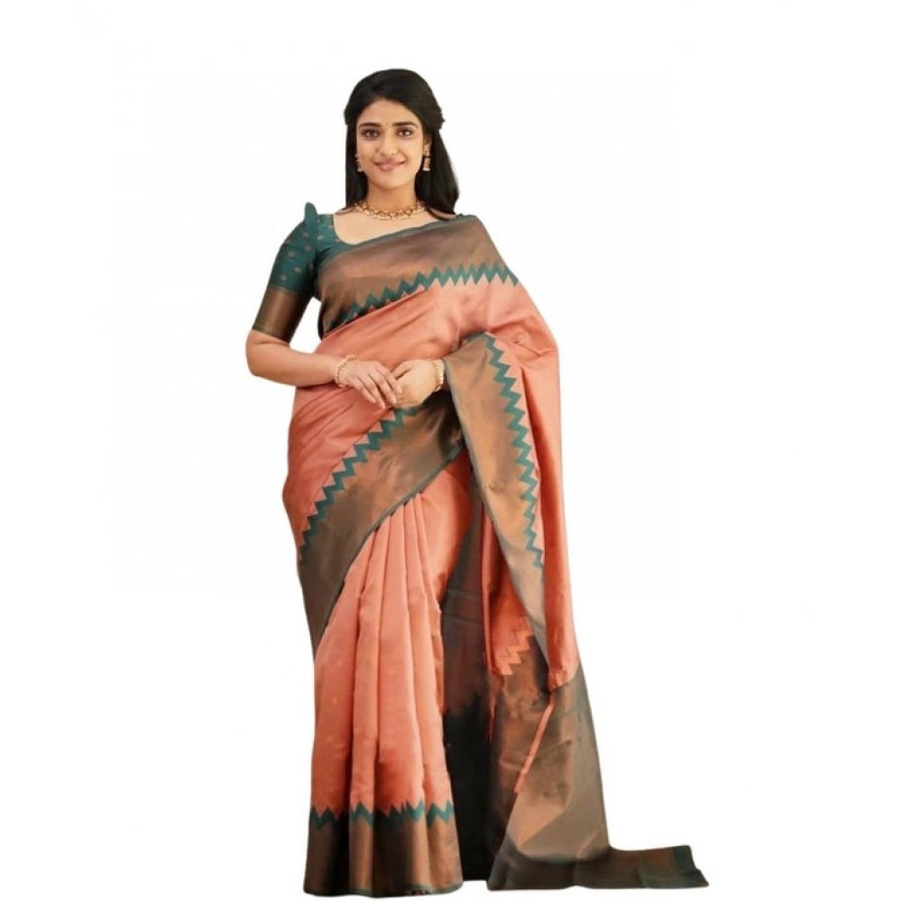 Vaystra Soft Lichi Silk Printed Saree With Unstitched Blouse 5.5Mtr – Peach