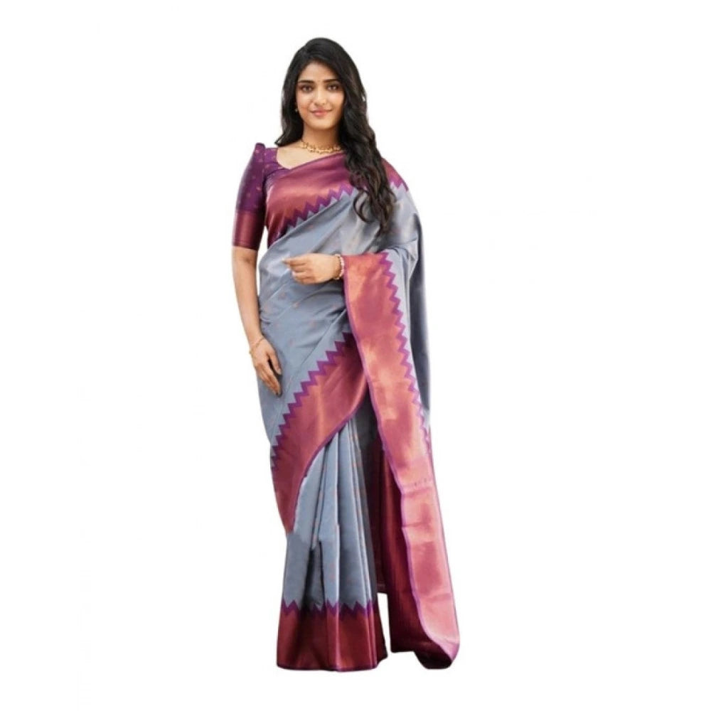 Vaystra Soft Lichi Silk Printed Saree With Unstitched Blouse 5.5Mtr – Grey