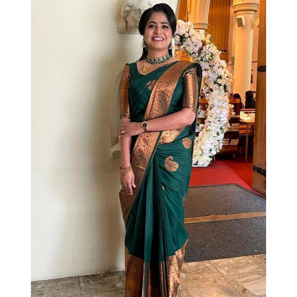 Vaystra Soft Lichi Silk Printed Saree With Unstitched Blouse 5.5Mtr – Green