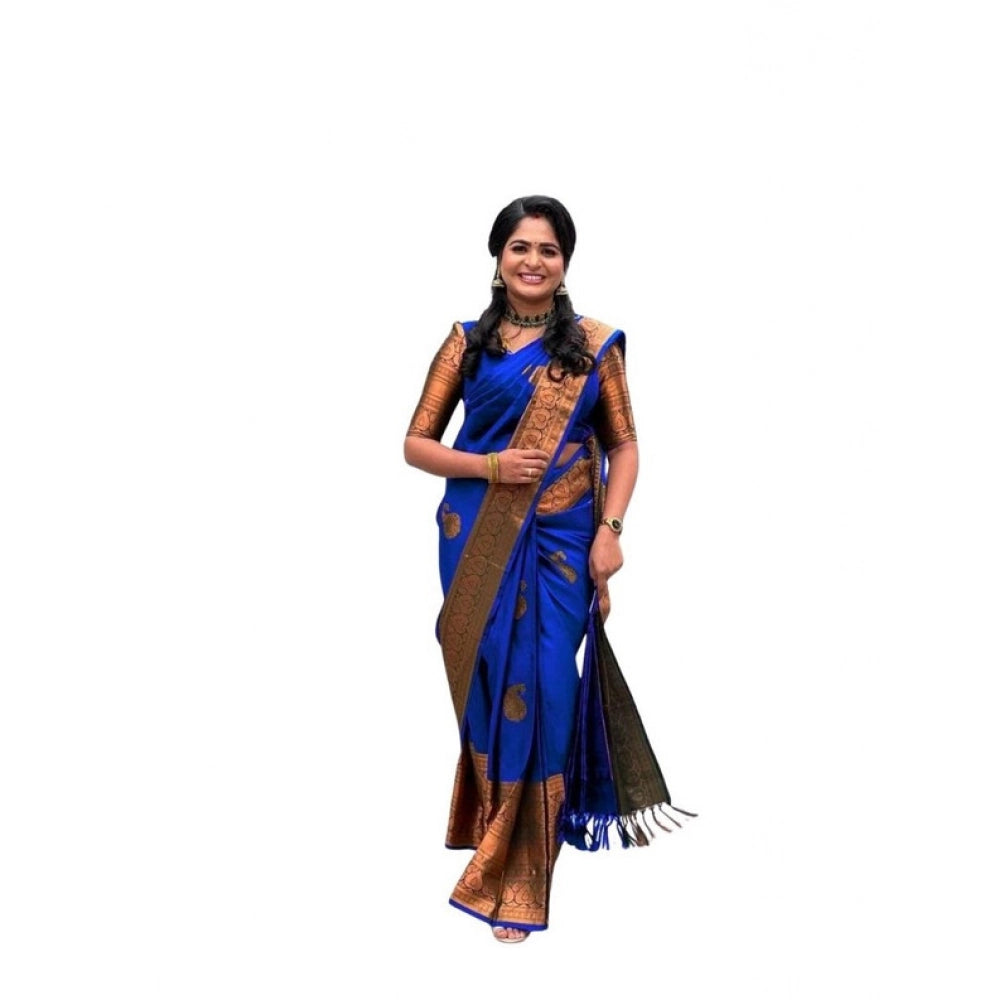 Vaystra Soft Lichi Silk Printed Saree With Unstitched Blouse 5.5Mtr – Navy Blue