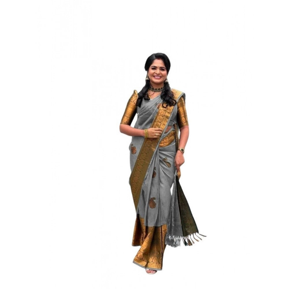 Vaystra Soft Lichi Silk Printed Saree With Unstitched Blouse 5.5Mtr – Grey
