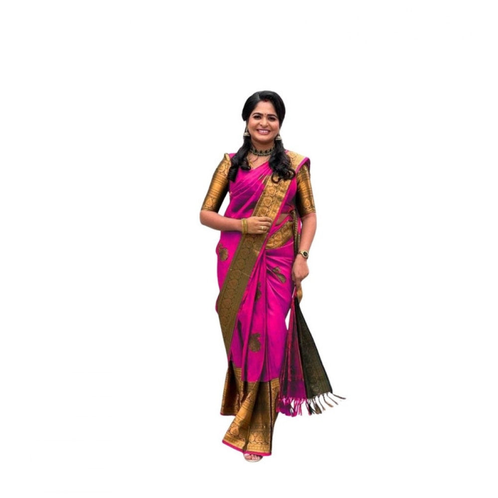 Vaystra Soft Lichi Silk Printed Saree With Unstitched Blouse 5.5Mtr – Pink