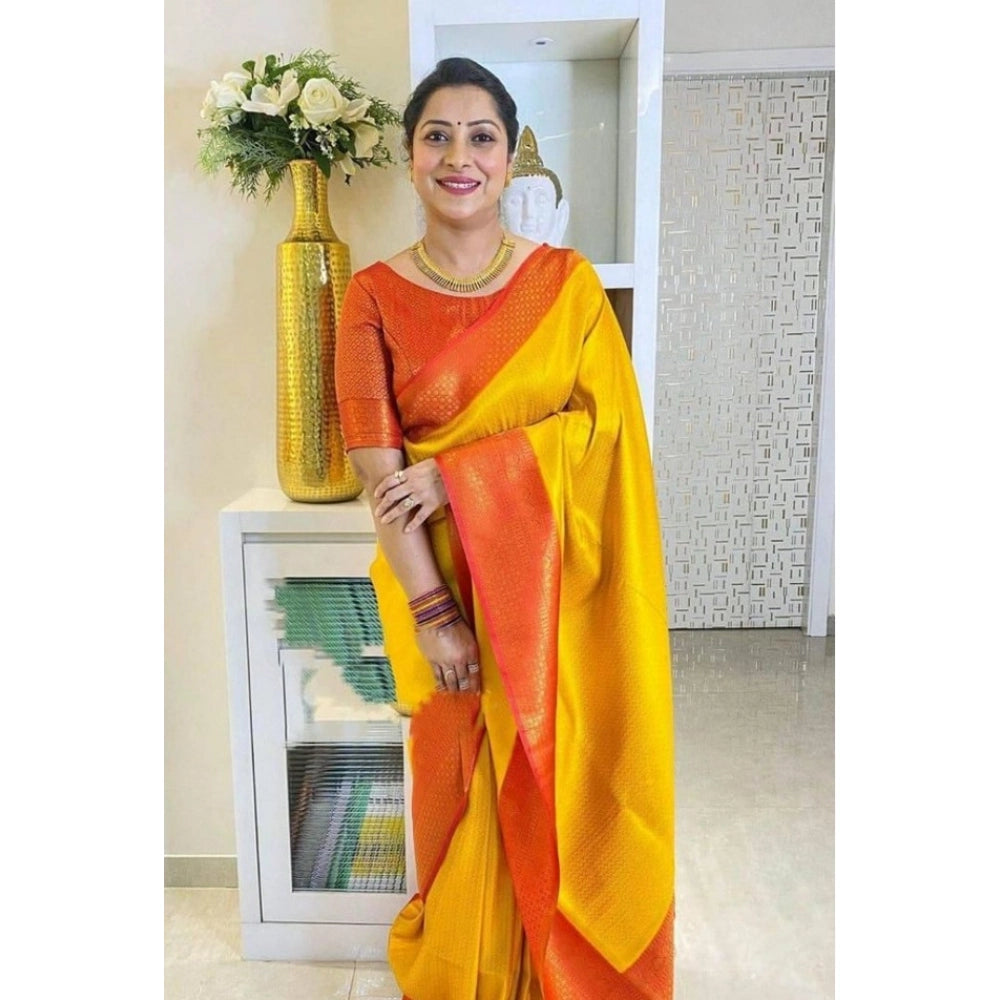 Vaystra Soft Lichi Silk Printed Saree With Unstitched Blouse 5.5Mtr – Mustard