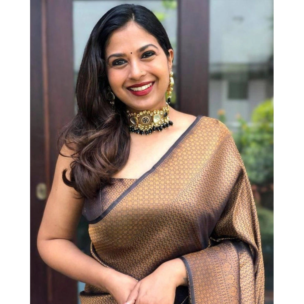 Vaystra Soft Lichi Silk Printed Saree With Unstitched Blouse 5.5Mtr – Black-Gold