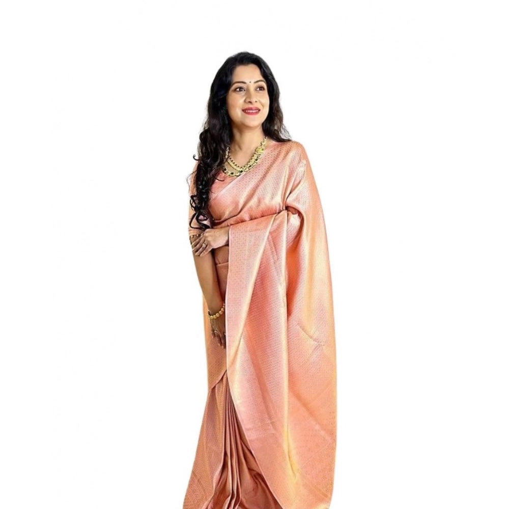 Vaystra Soft Lichi Silk Printed Saree With Unstitched Blouse 5.5Mtr – Peach