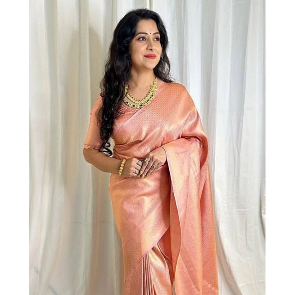 Vaystra Soft Lichi Silk Printed Saree With Unstitched Blouse 5.5Mtr – Peach