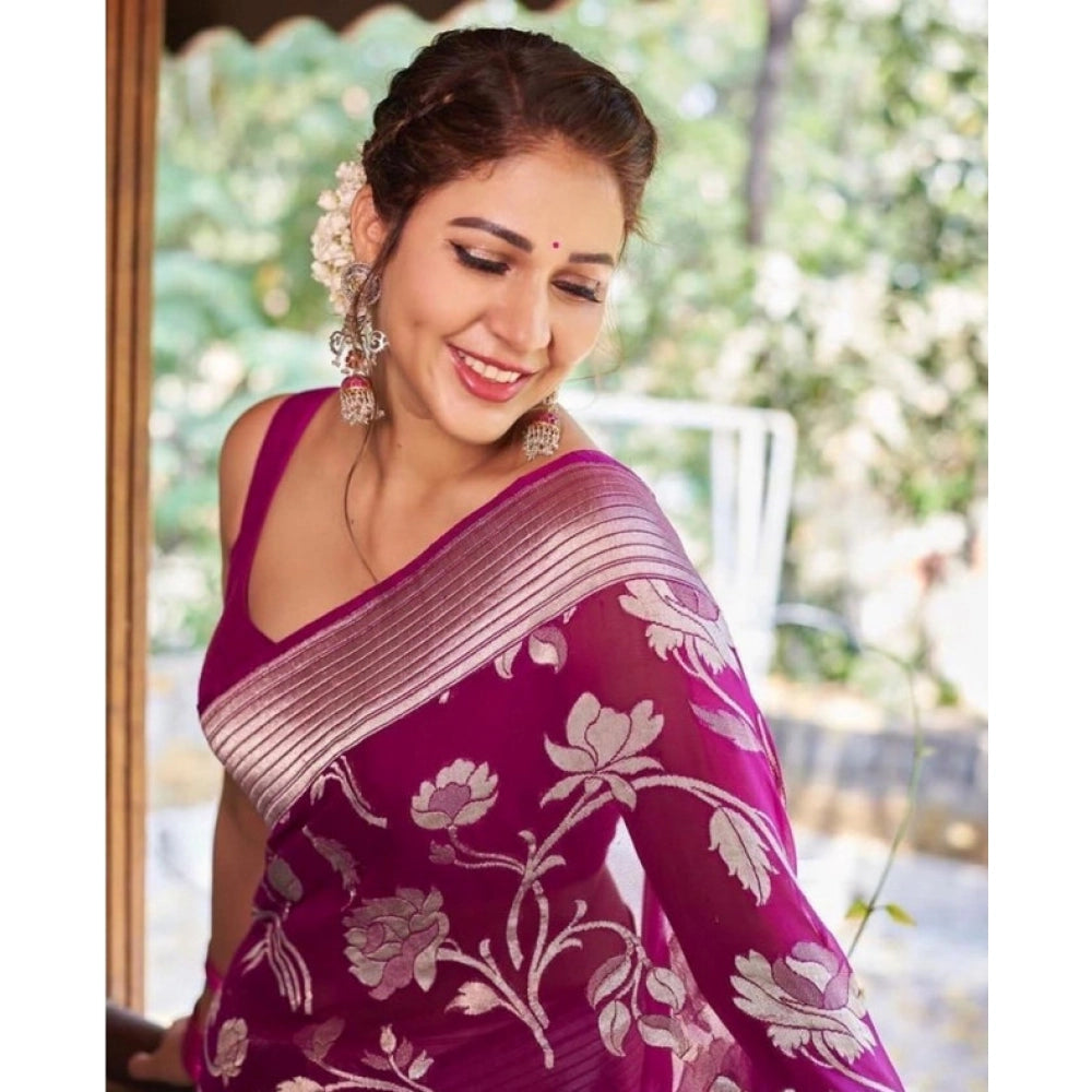 Vaystra Soft Lichi Silk Printed Saree With Unstitched Blouse 5.5Mtr – Purple