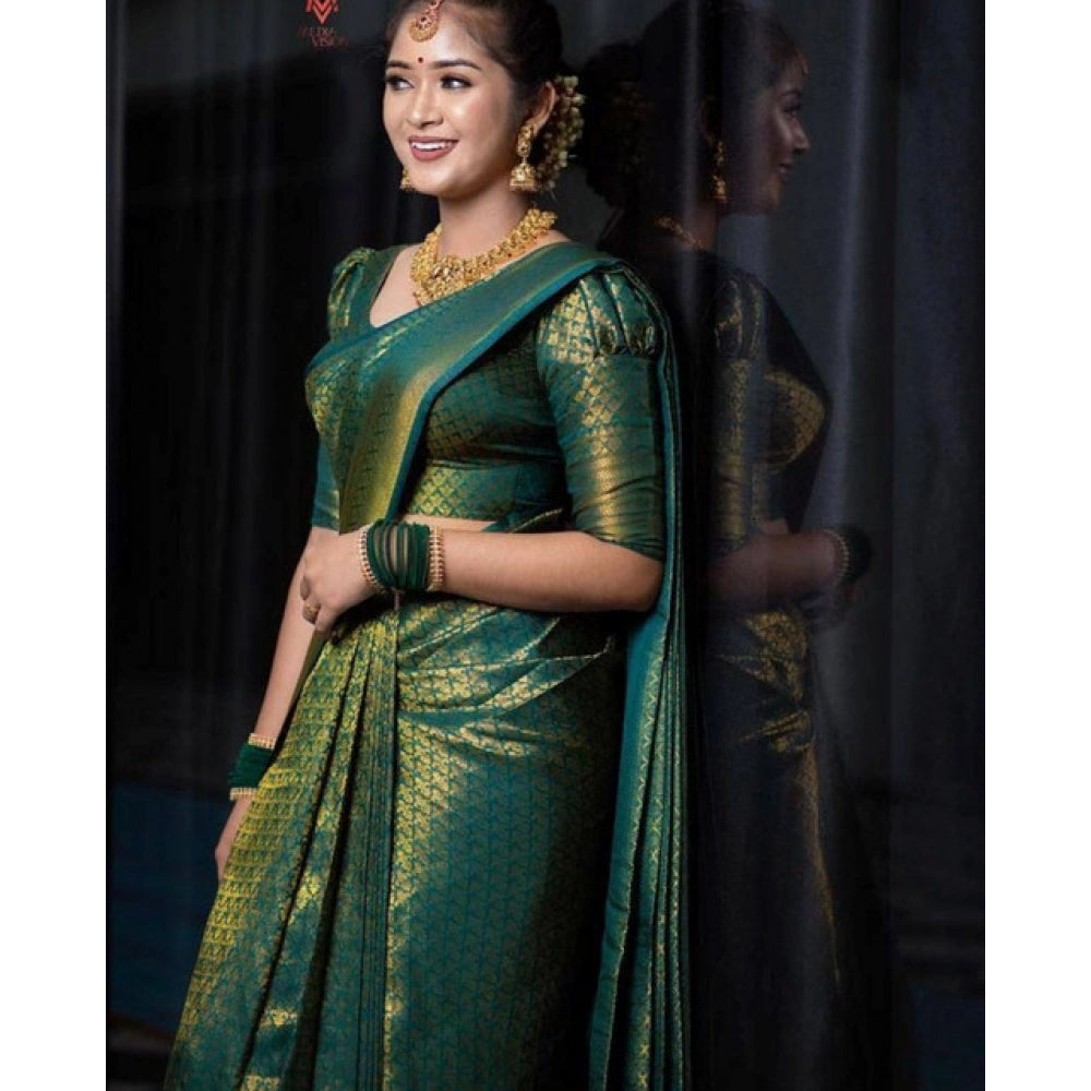Vaystra Soft Lichi Silk Printed Saree With Unstitched Blouse 5.5Mtr – Green
