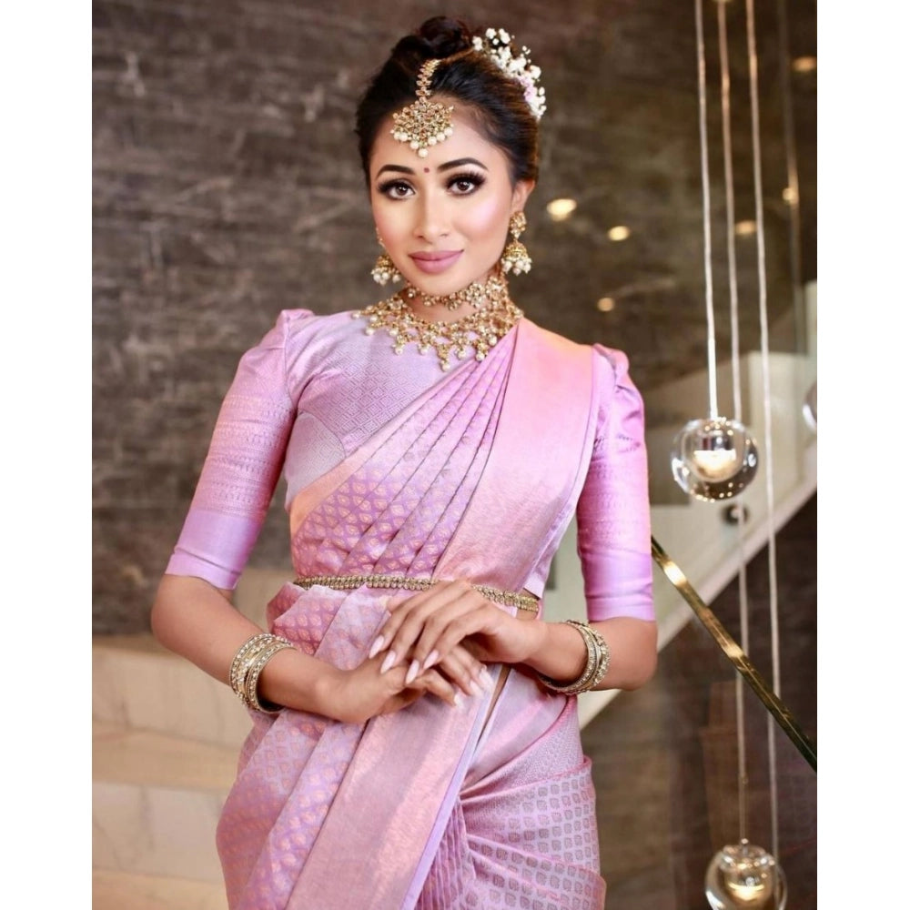 Vaystra Soft Lichi Silk Printed Saree With Unstitched Blouse 5.5Mtr – Pink