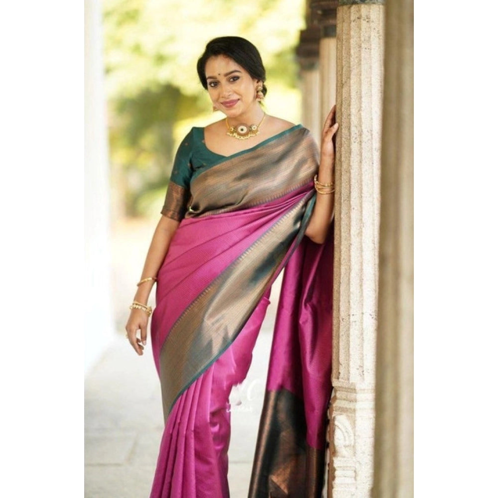 Vaystra Soft Lichi Silk Printed Saree With Unstitched Blouse 5.5Mtr – Pink