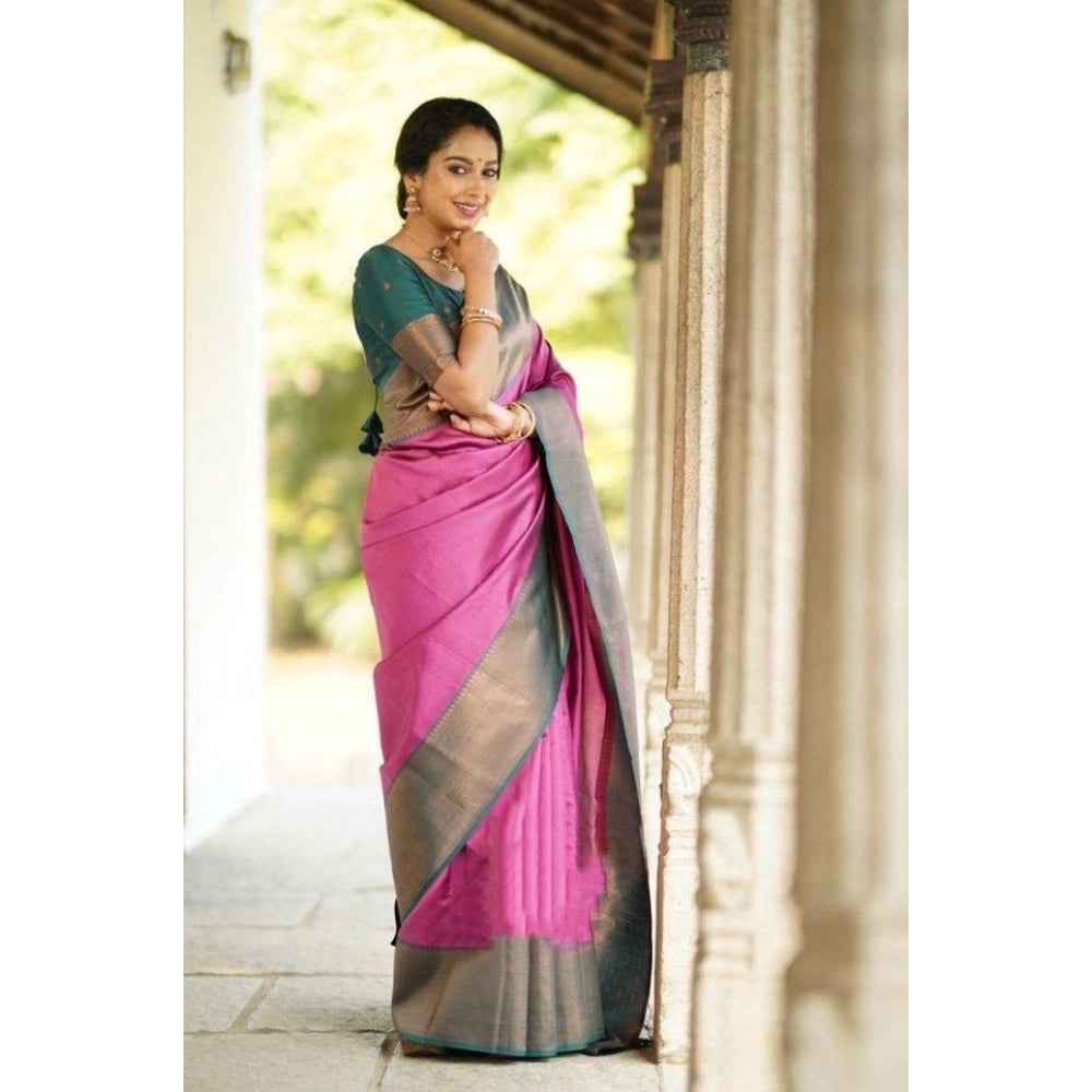 Vaystra Soft Lichi Silk Printed Saree With Unstitched Blouse 5.5Mtr – Pink
