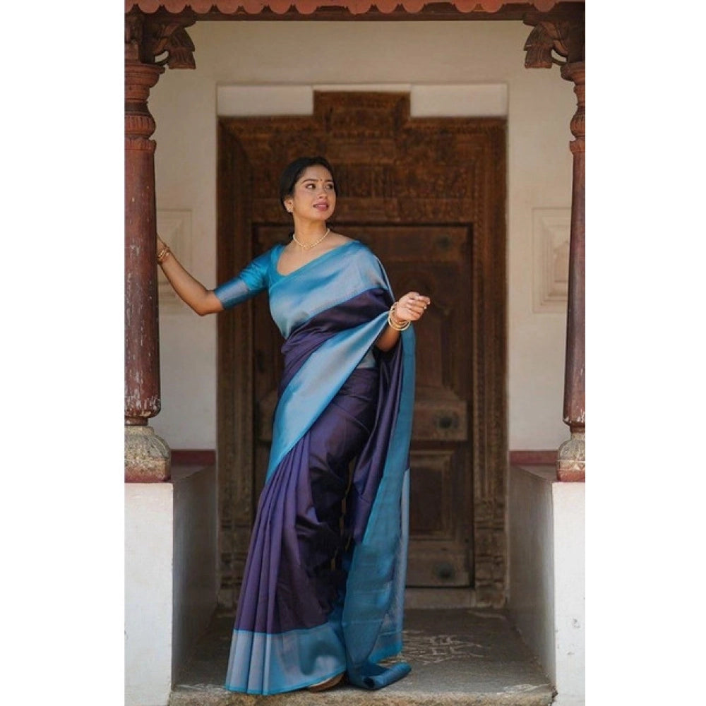Vaystra Soft Lichi Silk Printed Saree With Unstitched Blouse 5.5Mtr – Blue