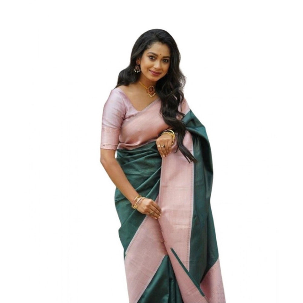 Vaystra Soft Lichi Silk Printed Saree With Unstitched Blouse 5.5Mtr – Green