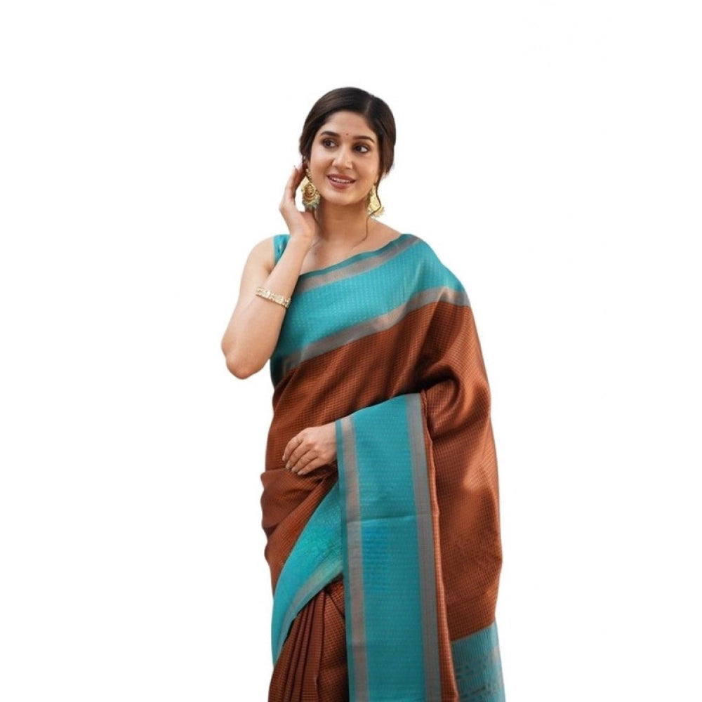 Vaystra Soft Lichi Silk Printed Saree With Unstitched Blouse 5.5Mtr – Brown