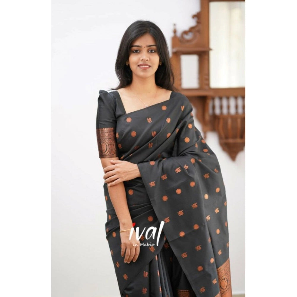 Vaystra Soft Lichi Silk Printed Saree With Unstitched Blouse 5.5Mtr – Black