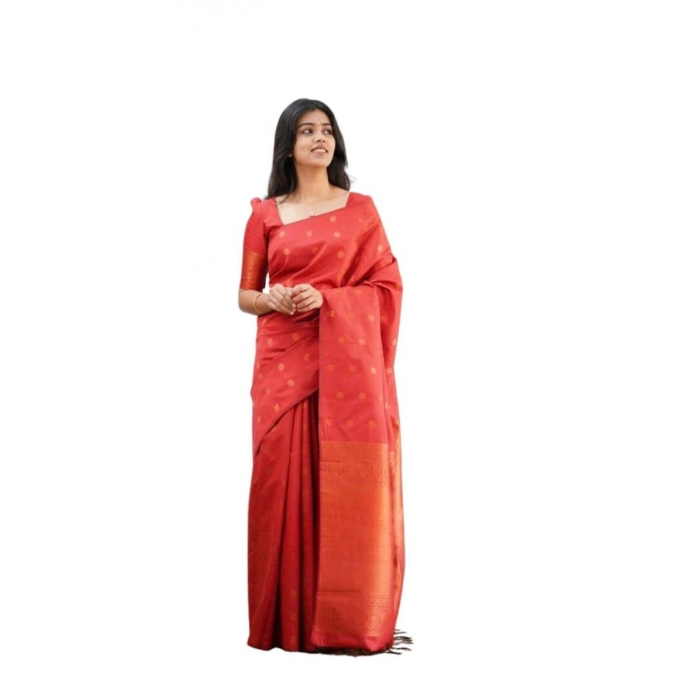 Vaystra Soft Lichi Silk Printed Saree With Unstitched Blouse 5.5Mtr – Red