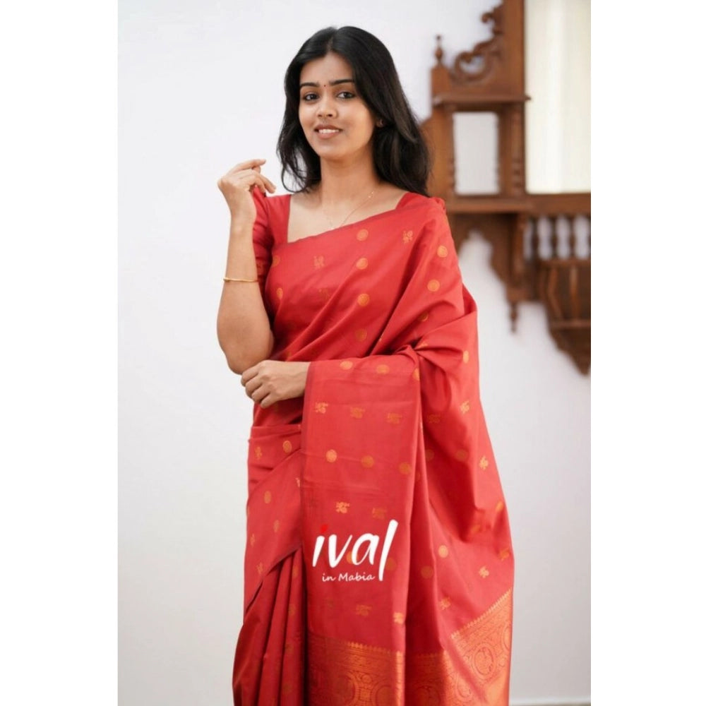 Vaystra Soft Lichi Silk Printed Saree With Unstitched Blouse 5.5Mtr – Red