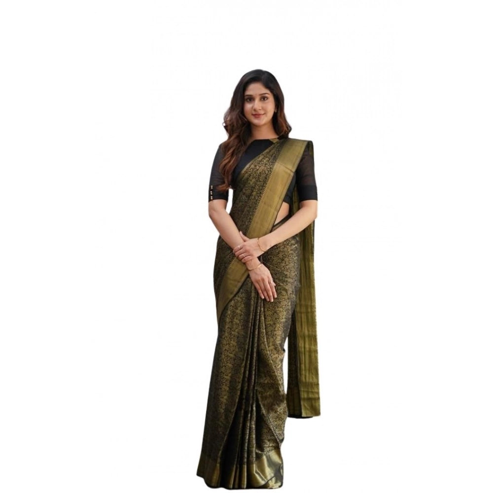 Vaystra Soft Lichi Silk Printed Saree With Unstitched Blouse 5.5Mtr – Green