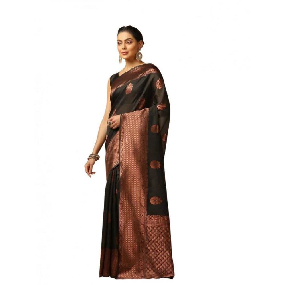 Vaystra Soft Lichi Silk Printed Saree With Unstitched Blouse 5.5Mtr – Black