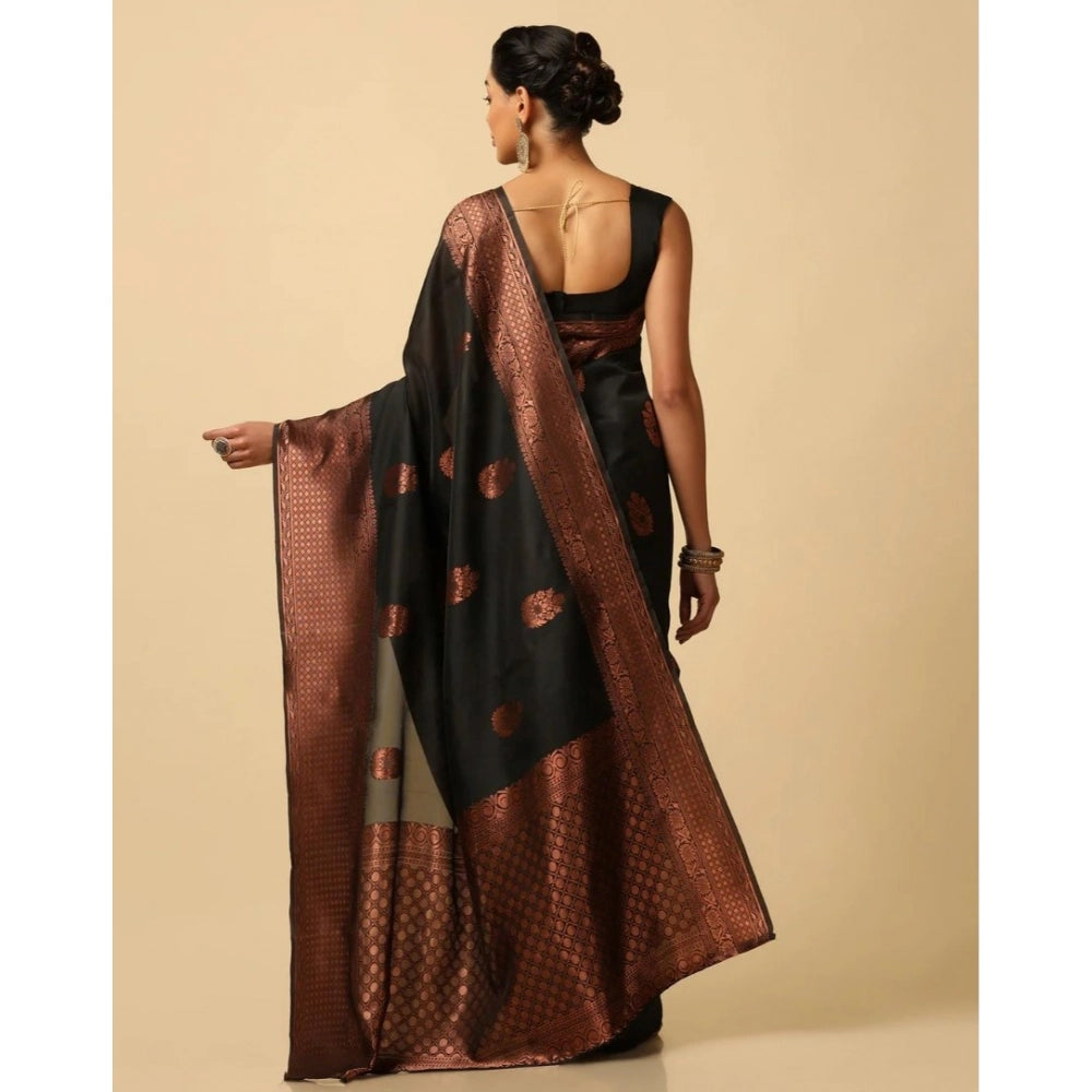 Vaystra Soft Lichi Silk Printed Saree With Unstitched Blouse 5.5Mtr – Black