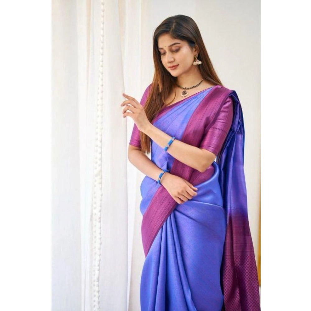 Vaystra Soft Lichi Silk Printed Saree With Unstitched Blouse 5.5Mtr – Blue