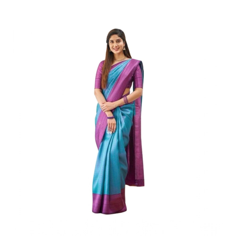Vaystra Soft Lichi Silk Printed Saree With Unstitched Blouse 5.5Mtr – Sku Blue