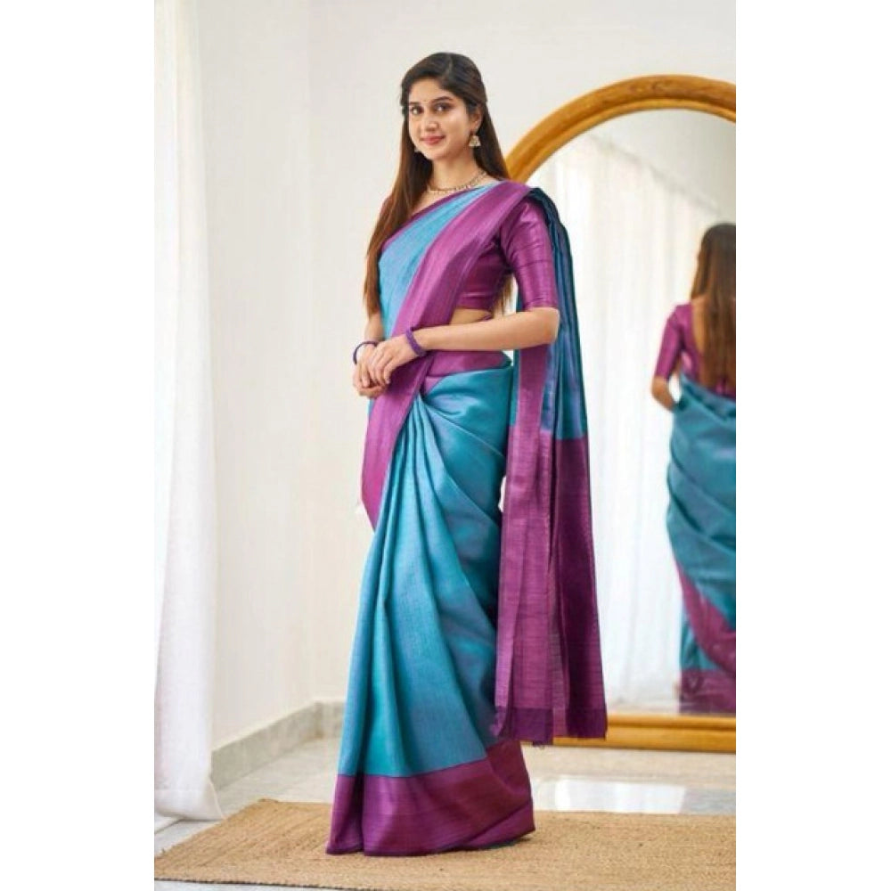 Vaystra Soft Lichi Silk Printed Saree With Unstitched Blouse 5.5Mtr – Sku Blue