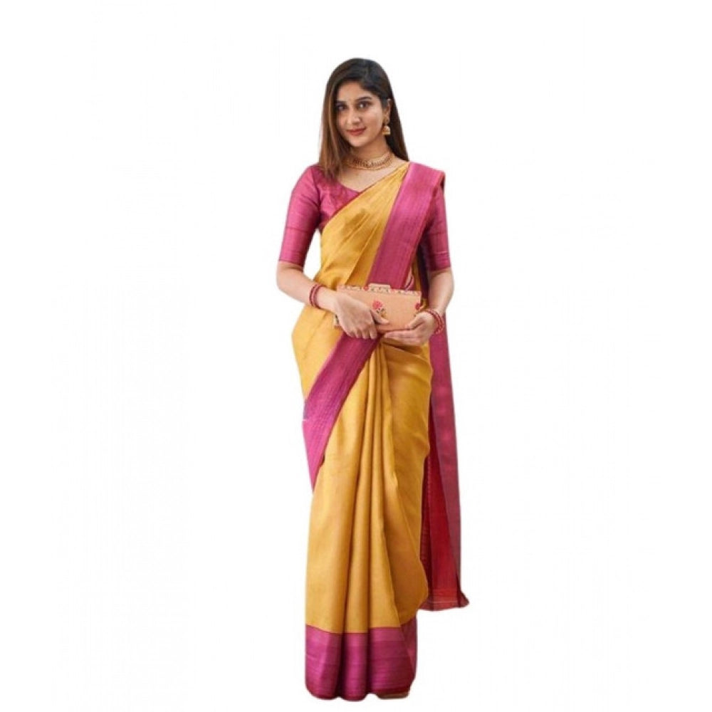 Vaystra Soft Lichi Silk Printed Saree With Unstitched Blouse 5.5Mtr – Mustard