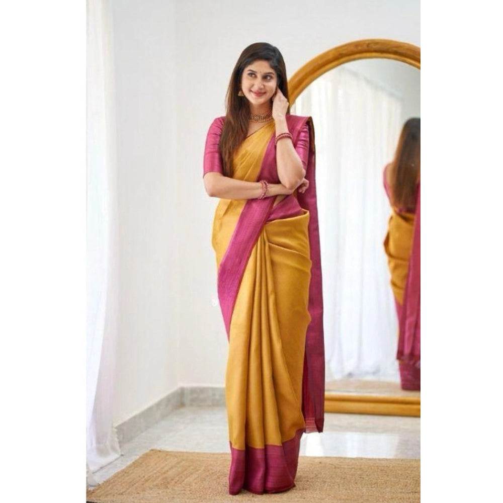 Vaystra Soft Lichi Silk Printed Saree With Unstitched Blouse 5.5Mtr – Mustard