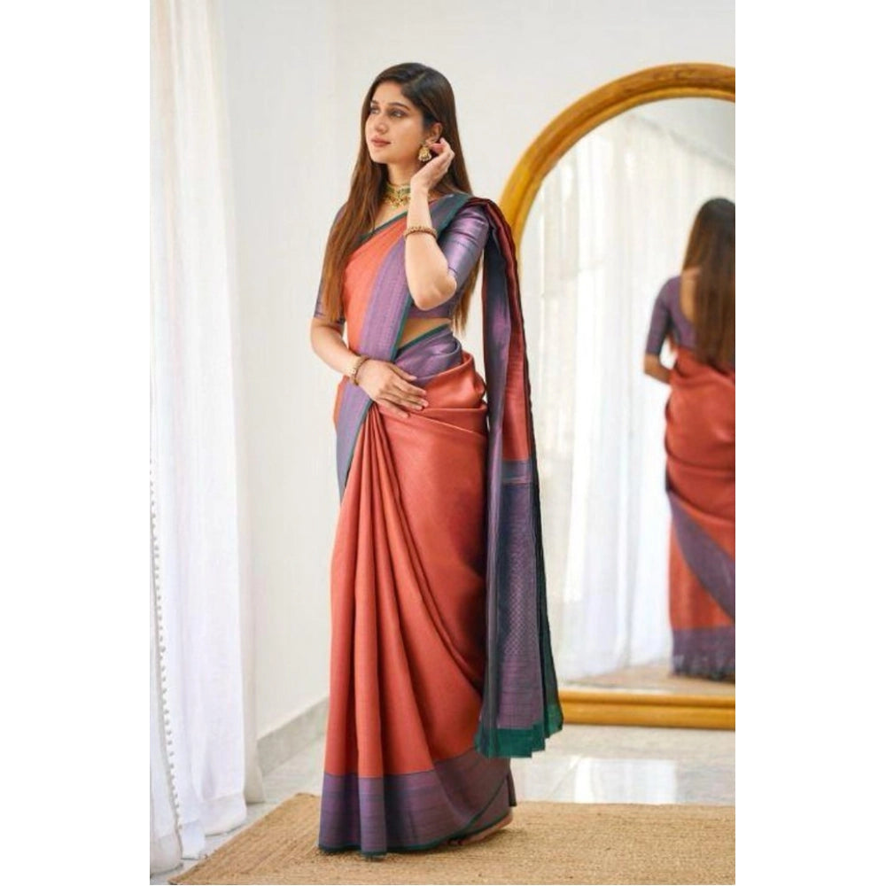 Vaystra Soft Lichi Silk Printed Saree With Unstitched Blouse 5.5Mtr – Orange