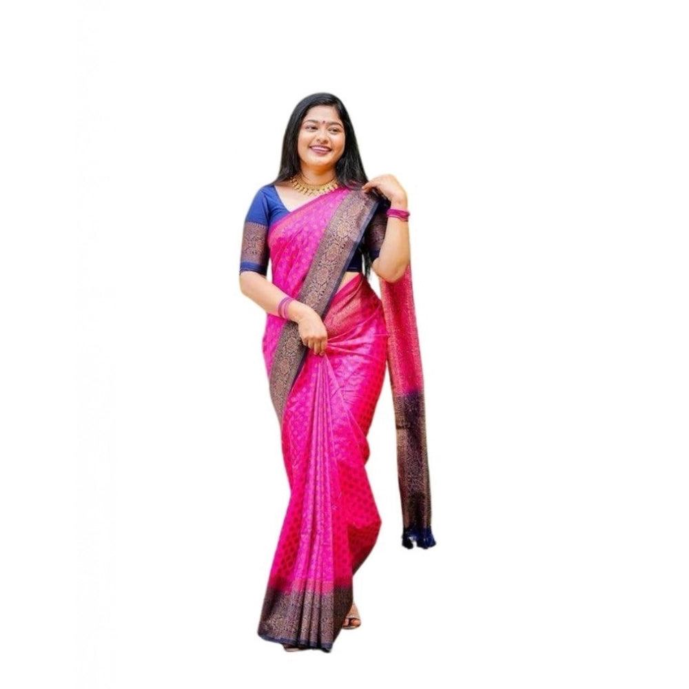 Vaystra Soft Lichi Silk Printed Saree With Unstitched Blouse 5.5Mtr – Pink