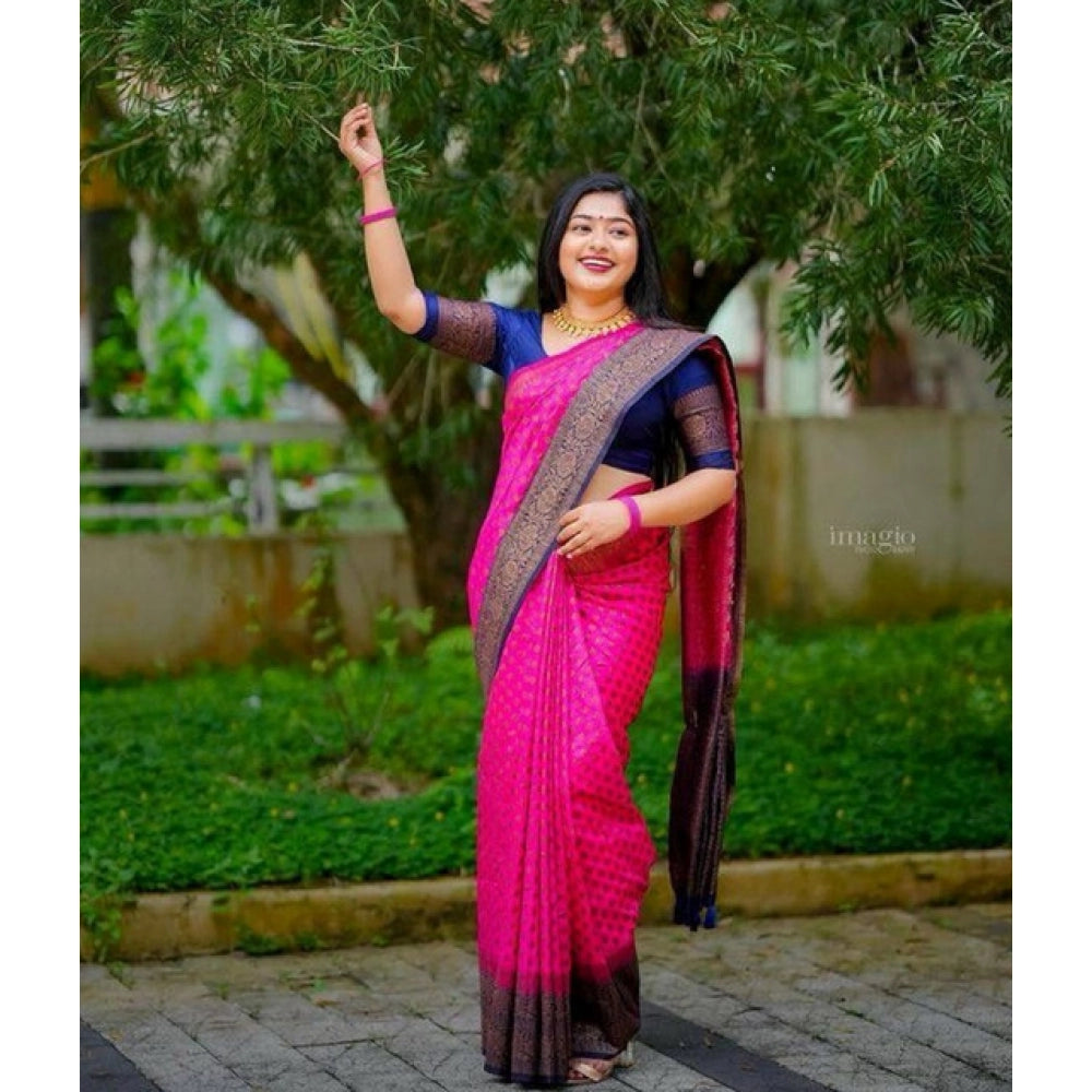 Vaystra Soft Lichi Silk Printed Saree With Unstitched Blouse 5.5Mtr – Pink