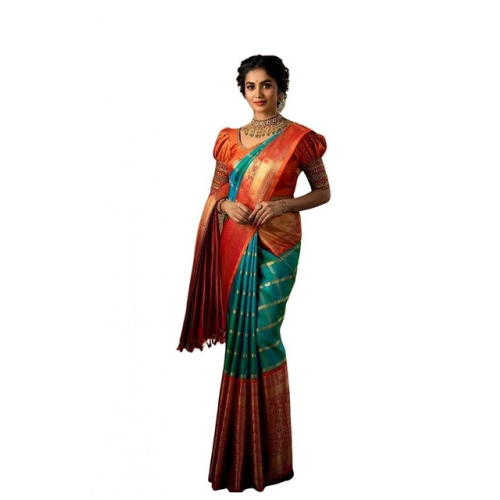 Vaystra Soft Lichi Silk Printed Saree With Unstitched Blouse 5.5Mtr – Green