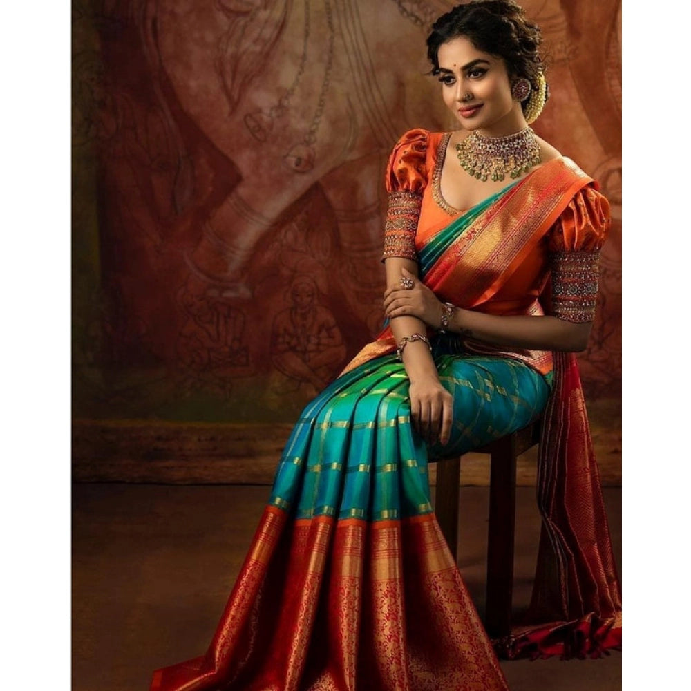 Vaystra Soft Lichi Silk Printed Saree With Unstitched Blouse 5.5Mtr – Green