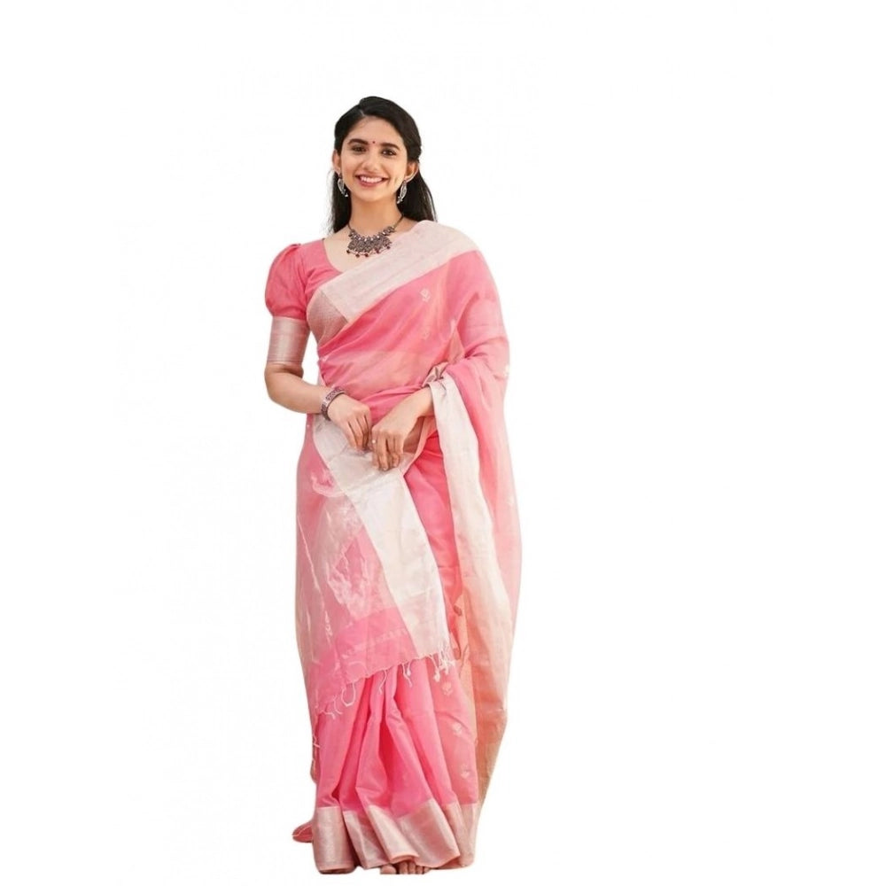 Vaystra Soft Lichi Silk Printed Saree With Unstitched Blouse 5.5Mtr – Pink