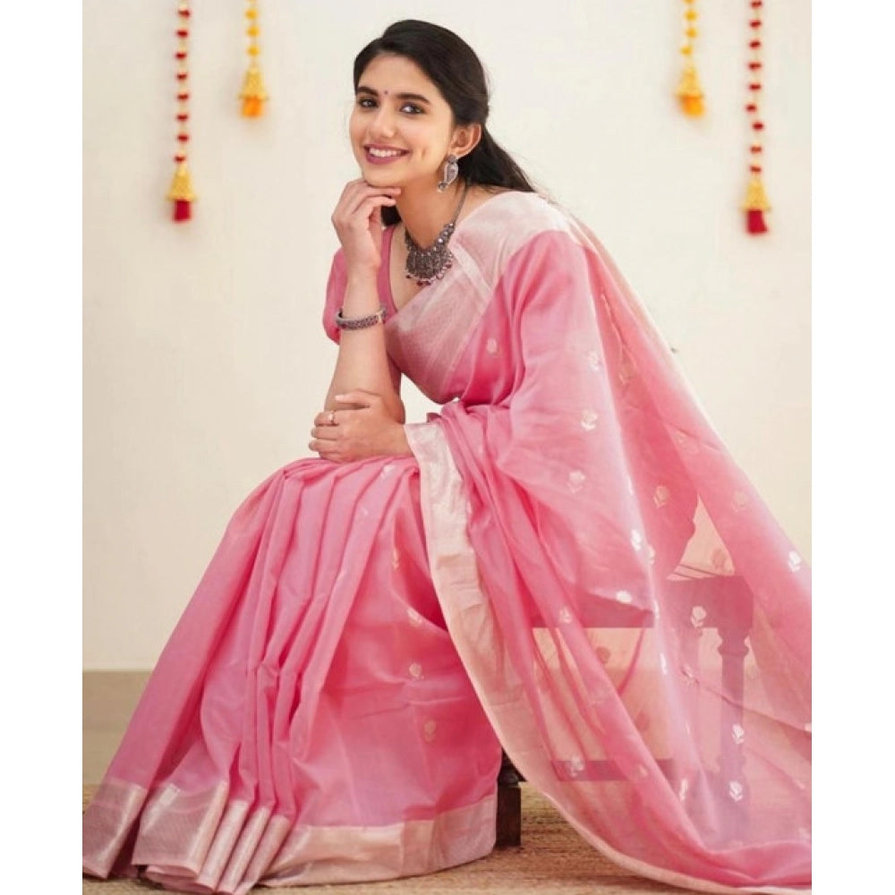 Vaystra Soft Lichi Silk Printed Saree With Unstitched Blouse 5.5Mtr – Pink