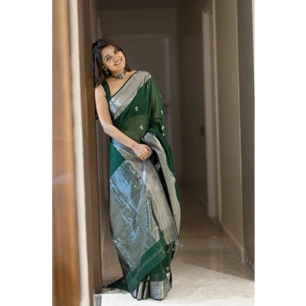 Vaystra Soft Lichi Silk Printed Saree With Unstitched Blouse 5.5Mtr – Green