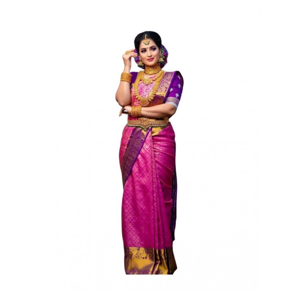 Vaystra Soft Lichi Silk Printed Saree With Unstitched Blouse 5.5Mtr – Pink