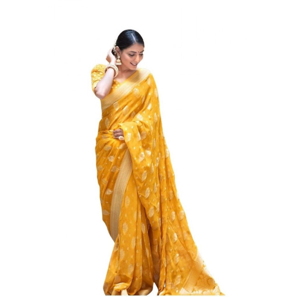 Vaystra Soft Lichi Silk Printed Saree With Unstitched Blouse 5.5Mtr – Yellow